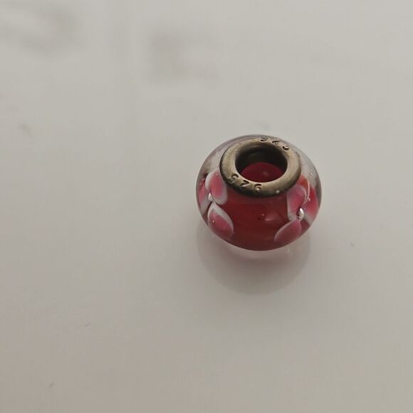 Murano Glass Flower Charm Stamped 925 Burgundy/ White - Picture 7 of 16